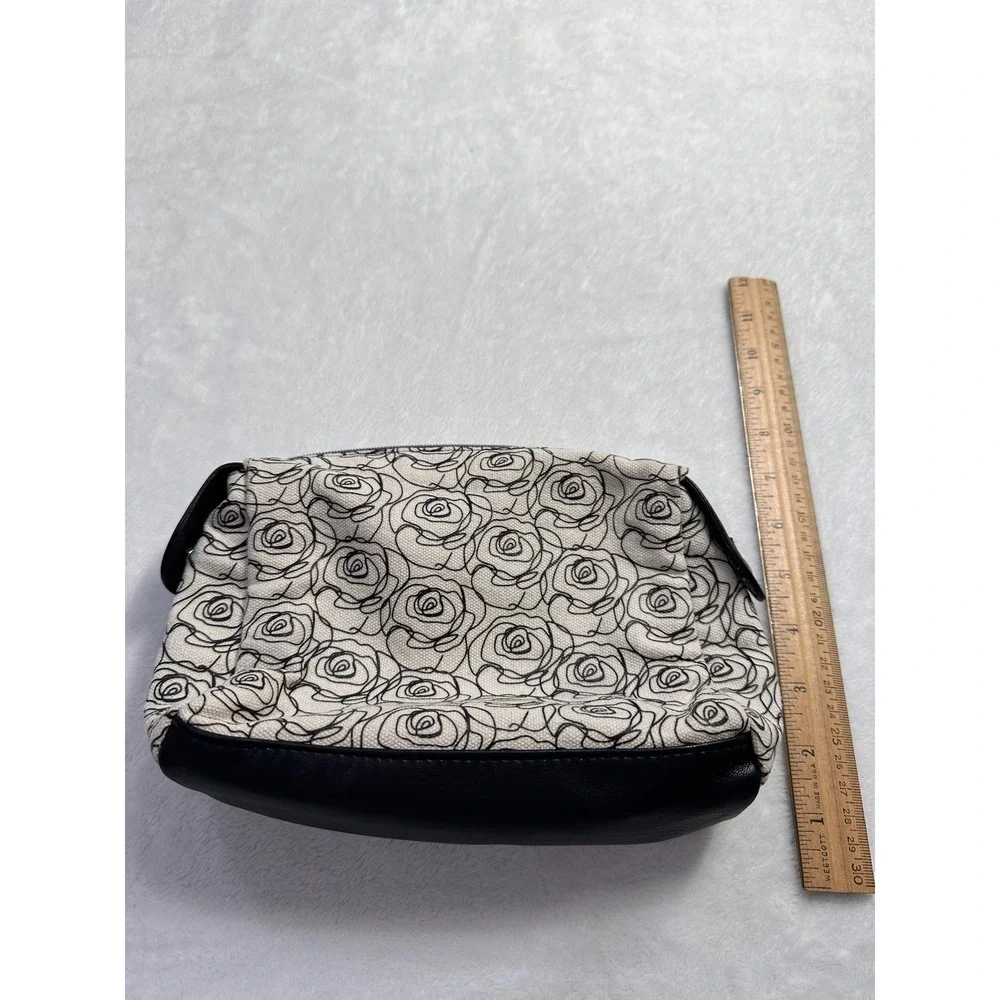 Lancome Paris Cosmetic Bag Set Black Red Rose Wristlet & Floral Canvas Pouch